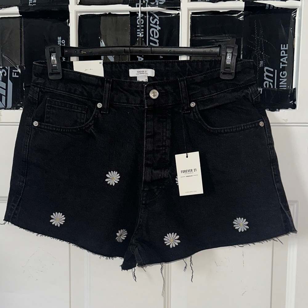 Forever 21 Black Jean Shorts with Floral Embroidery